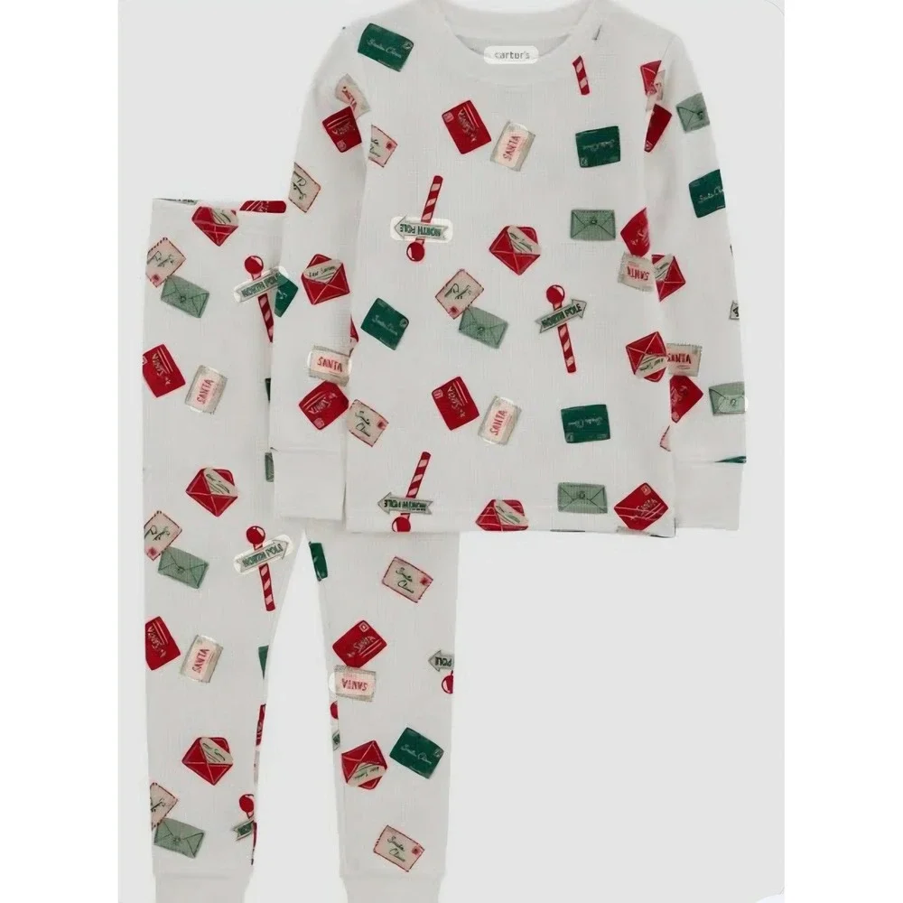 Carters Child of Mine Kids 5T Waffle Knit Thermal Pajamas Letters to Santa White